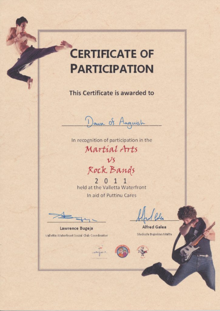 DOA certificate of participation - Martial Arts vs Rock Bands 2011